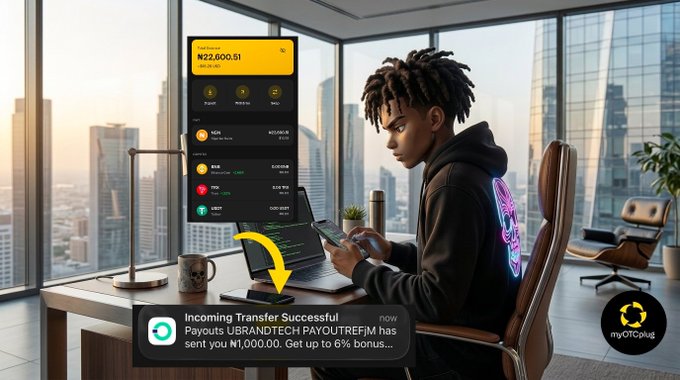 A promotional image showing a young man using a phone in a modern high-rise office, with overlays promoting a crypto transfer from UBRANDTECH PAYOUTREFJM, an app interface showing ₦22,600.51, and a 'myOTCplug' logo.