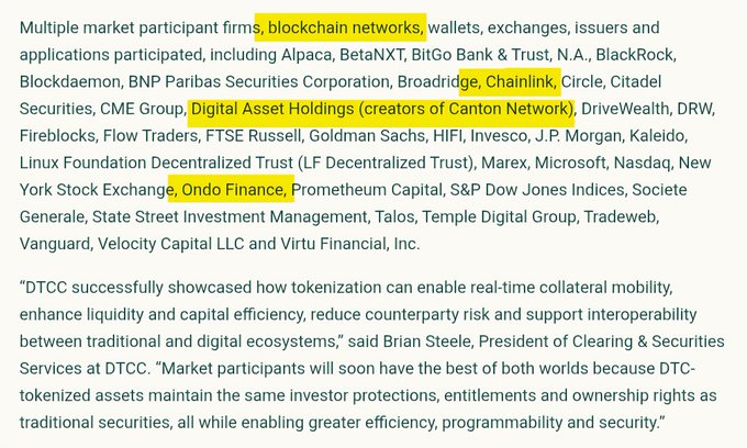 The image shows a list of major financial and blockchain firms—including blockchain networks, wallets, exchanges, issuers, and applications—that participated in the DTCC's tokenization service soft launch event, with key participants Ondo Finance, Chainlink, and Digital Asset Holdings (creators of Canton Network) highlighted. A quote from Brian Steele, President of Clearing & Securities Services at DTCC, emphasizes how tokenization will enable real-time collateral mobility and improve capital efficiency.