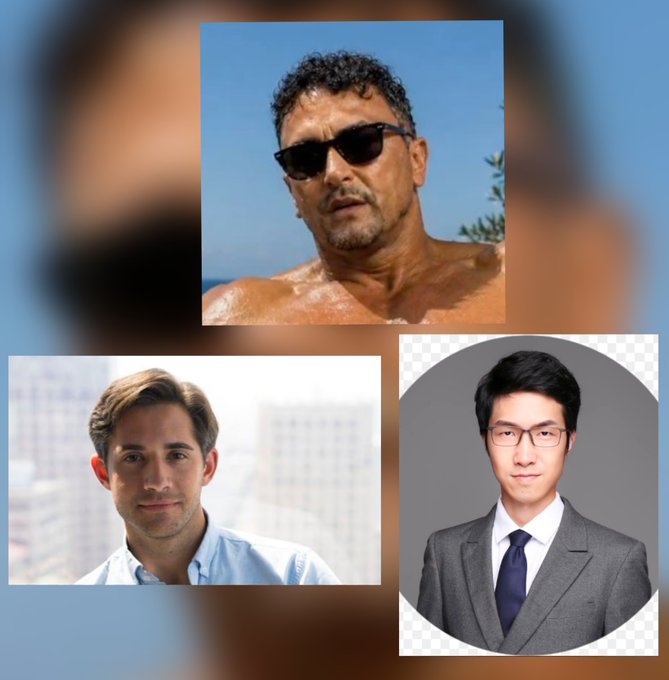 A collage of three male portraits: top shows a shirtless man with curly hair wearing sunglasses outdoors, bottom-left shows a man with short brown hair in a blue shirt, and bottom-right shows an Asian man with glasses wearing a gray suit and blue tie.