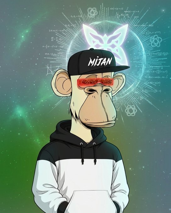 A digital illustration of a cartoon monkey wearing a black cap with 'MIJAN' text, red sunglasses, and a black and white hoodie, set against a cosmic background with mathematical formulas and atomic symbols.