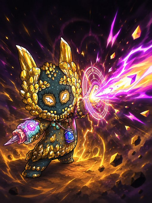 A fantasy character resembling a gold-armored creature with horn-like protrusions casts a powerful purple and pink energy blast from its hand, surrounded by floating rocks and fiery particles in a dark void.