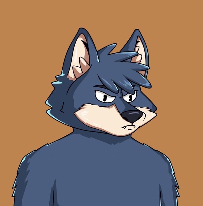 A cartoon-style illustration of a stern-looking blue-gray wolf character with spiky fur against a brown background.