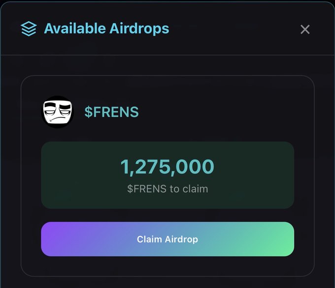 A digital screenshot of an 'Available Airdrops' interface showing 1,275,000 $FRENS tokens available to claim with a 'Claim Airdrop' button.