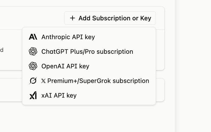 A dropdown menu showing "Add Subscription or Key" options including Anthropic API key, ChatGPT Plus/Pro subscription, OpenAI API key, X Premium+/SuperGrok subscription, and xAI API key. The post expresses excitement over the integration of multiple AI services and subscriptions into a single interface.