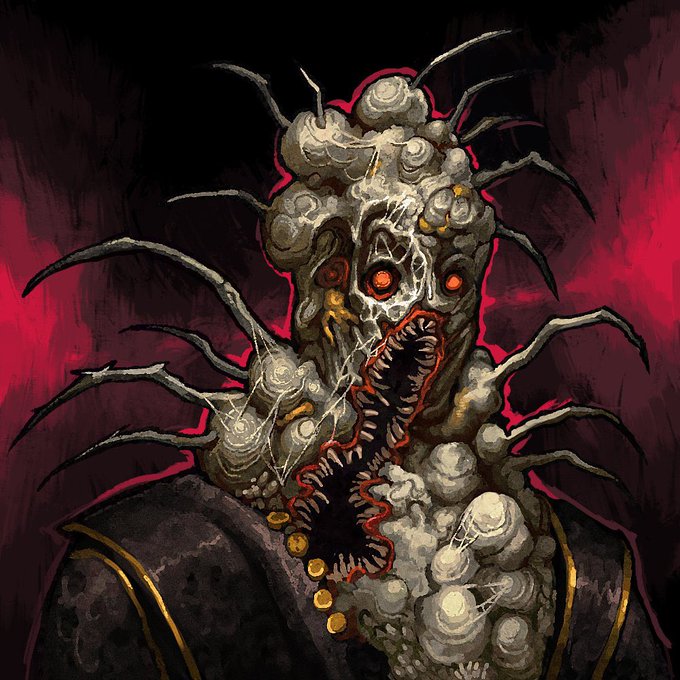 A dark, horror-themed digital painting of a grotesque creature with glowing red eyes, a gaping maw filled with sharp teeth, and spider-like appendages protruding from its bulbous, fungus-covered head.