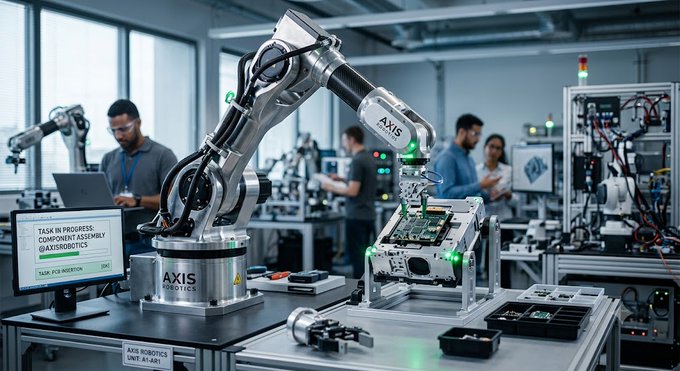 A modern robotics laboratory featuring an AXIS robotic arm assembling components on a workstation, with engineers working in the background.