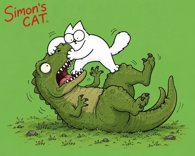 A whimsical cartoon by Simon Tofield (labeled "Simon's CAT" in red text) shows his signature white cat playfully wrestling a green, wide-eyed dinosaur, humorously representing a crypto token that pounces with feline energy rather than prehistoric power.