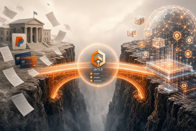 A digital illustration depicting a bridge of glowing orange light connecting two cliffs, with 'zkTLS' prominently displayed in the center, alongside icons of PayPal, credit cards, government buildings, and cryptocurrency symbols representing the connection between traditional finance and blockchain technology.