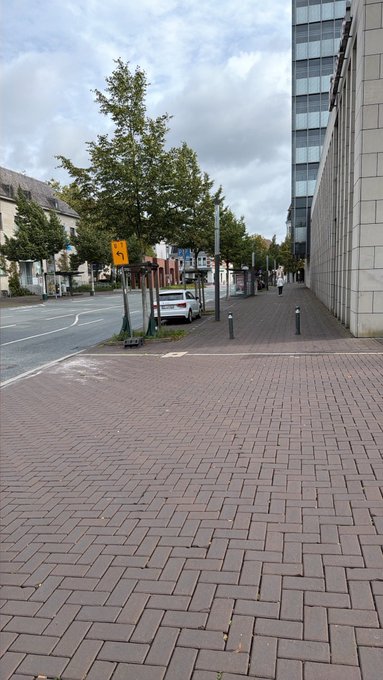 A pedestrian walkway with brick paving alongside a street, featuring trees, parked cars, and modern buildings under a cloudy sky.