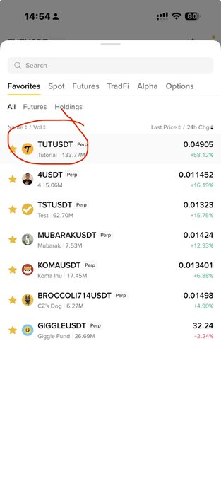 A screenshot of a cryptocurrency trading app shows the favorites list with TUTUSDT leading at a 24-hour price change of +58.12%, followed by other tokens like 4USDT (+16.19%), TSTUSDT (+15.75%), and MUBARAKUSDT (+12.93%), supporting the post's claim that $Tut is leading BNB Chain meme coins while others like $Mubarak and $4 are positioned to follow the upward trend.