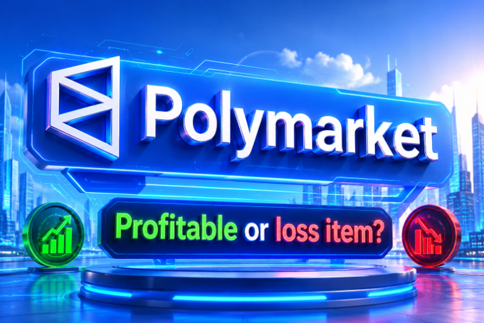 3D graphic asking 'Polymarket: Profitable or loss item?' with green and red chart icons against a futuristic blue cityscape.