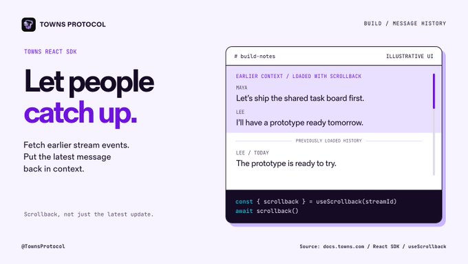 A landing page for 'TOWNS PROTOCOL' with the text 'Let people catch up' and an illustrative UI showing a chat log with earlier context loaded via scrollback.