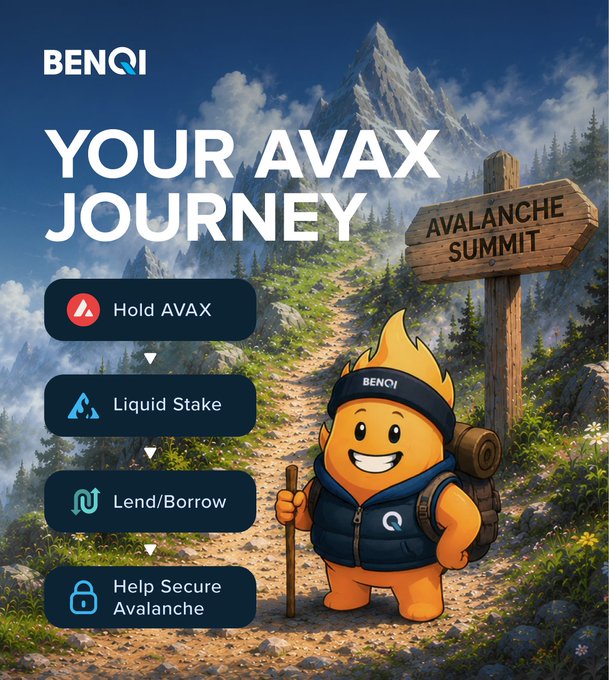 BENQI promotional graphic titled 'YOUR AVAX JOURNEY' featuring a cartoon mascot hiker with options to Hold AVAX, Liquid Stake, Lend/Borrow, and Help Secure Avalanche.
