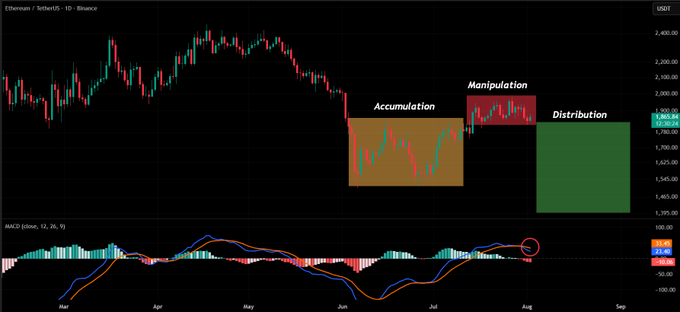 A daily Ethereum/TetherUS (ETHUSDT) candlestick chart on Binance annotates three phases — Accumulation (orange box), Manipulation (red box), and Distribution (green box) — following a bearish MACD crossover circled in red on the lower indicator panel.