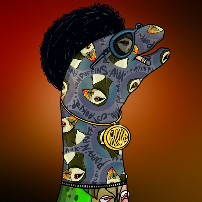 A stylized digital illustration features a person's arm and head with dark hair, wearing a watch and a pendant reading 'AU K', with the skin covered in a repeating pattern of penguins wearing sunglasses and text like 'Puffins' and 'Poppin'.