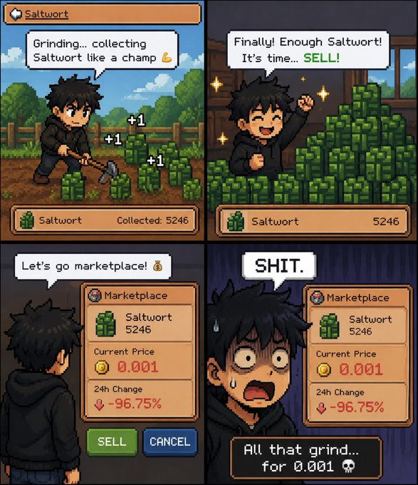 A pixel-art comic shows a character grinding and collecting 5,246 Saltwort, only to discover on the marketplace the price has crashed 96.75% to 0.001, reacting in shock with "SHIT. All that grind... for 0.001" — humorously illustrating the painful reward-to-effort ratio of the SunflowerLand limited-time Saltwort event.