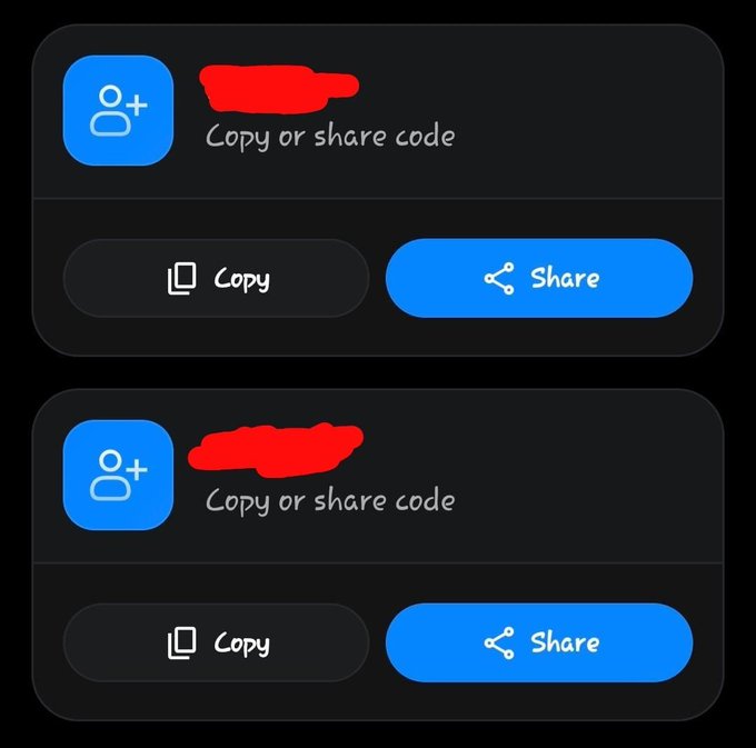 Two identical user interface cards on a black background offering 'Copy or share code' options with 'Copy' and 'Share' buttons; the actual codes are obscured by red marks.