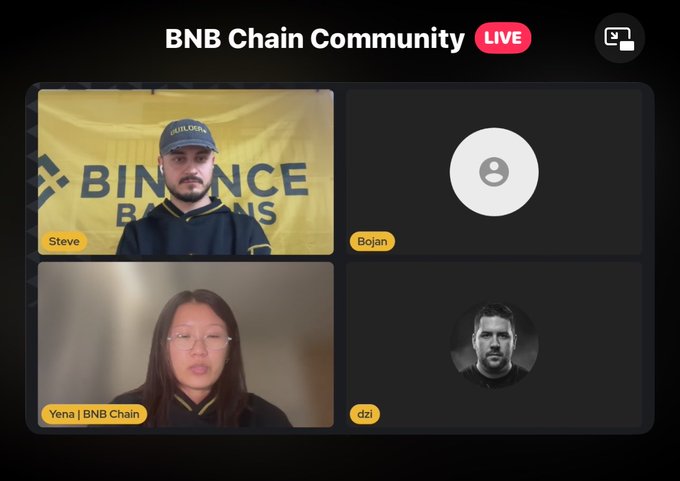 A video call interface labeled 'BNB Chain Community LIVE' featuring four participants: Steve (in a Binance cap), Bojan, Yena (BNB Chain), and dzi.