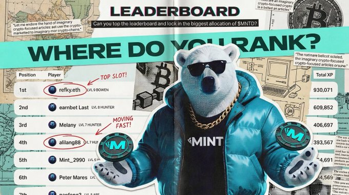 A leaderboard graphic titled 'WHERE DO YOU RANK?' shows a polar bear wearing sunglasses and a blue puffer jacket holding an 'M' coin, with rankings including '1st refky.eth (LVL 8 BOOMEN)' and '4th alliang88 (LVL 7 HUP).'