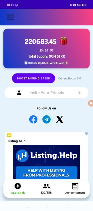 The image shows a Starx mining app interface displaying a balance of 220683.45 STRX with a total supply of 90M STRX, featuring options to "Boost Mining Speed" and "Invite Your Friends." The post references Starx network addressing a glitch and network error that affected users, with the app interface illustrating the platform where the glitch reportedly occurred.