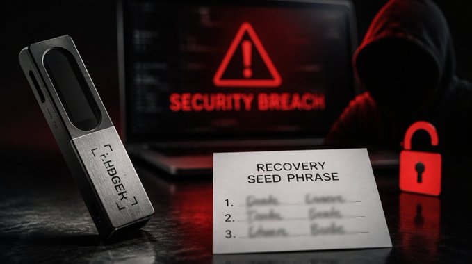 A dark scene showing a hardware wallet device, a recovery seed phrase card with handwritten words, and a monitor displaying a red warning triangle with the text 'SECURITY BREACH' alongside a hooded figure.