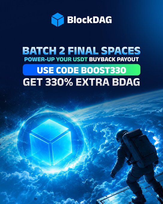 The image promotes BlockDAG's "Batch 2 Final Spaces" event, featuring a glowing BDAG cube logo emerging from the clouds with an astronaut figure, highlighting the "BOOST330" promo code for 330% extra BDAG rewards on USDT buyback payouts as described in the accompanying text.