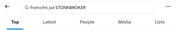 A Twitter search bar displays the query "from:cfm_sol STONKBROKER" with the "Top" tab selected, illustrating the method described to find posts from user @cfm_sol containing information about $STONKBROKER.