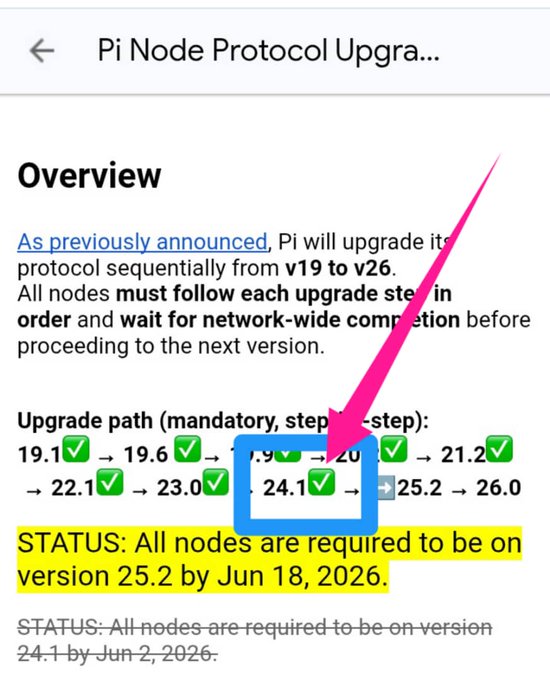 The screen displays an overview of a protocol upgrade from version 19 to version 25. This information may be helpful for people who are looking to install or maintain the new protocol, as well as those that are familiar with the old protocol. The text on the screen reads "Protocol V24.1 is active. The upgrade to Protocol V25.2 will be completed by June 18, 2026. # pi network cameroon". The image is showing a screenshot of the message which highlights the change from version 19 to version 25. This might indicate that users need to ensure their devices are compatible with the new protocol for it to function properly and not face compatibility issues.