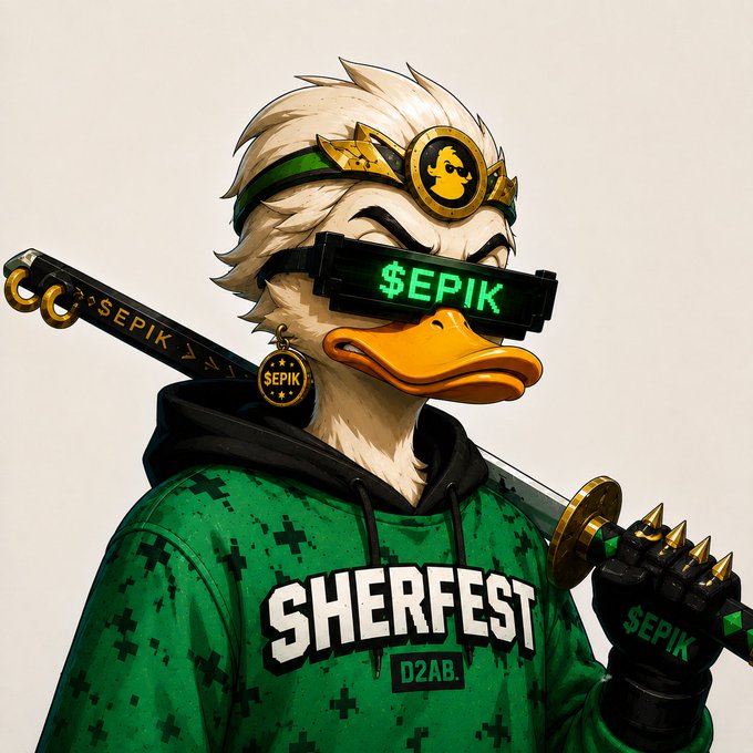 A white duck character wearing a green "$EPIK" digital visor, a "SHERFEST D2AB" hoodie, and wielding a katana inscribed with "$EPIK" channels a crypto samurai warrior persona, visually reinforcing the post's message about the "$EPIK" staking model and its successful first perk milestone.