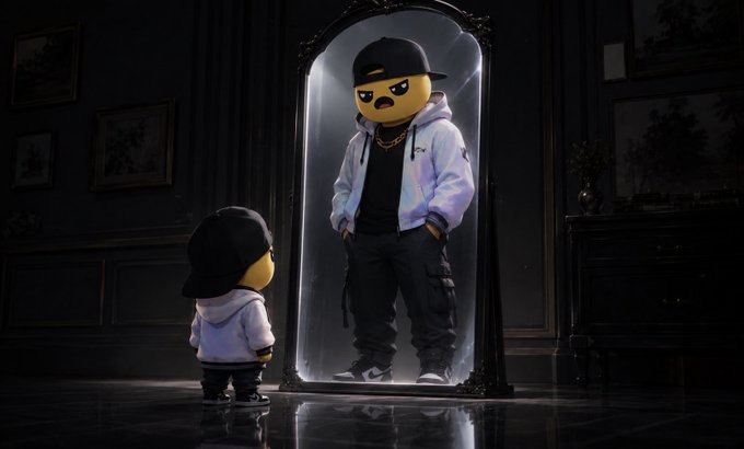 A small cartoon character wearing a black cap, white hoodie, and black pants stands before a large ornate mirror, reflecting a larger, more confident version of himself styled in streetwear with gold chains and sneakers. The image visually represents the post's theme of personal growth and self-improvement in the Web3 space, symbolizing the journey from a small, humble beginner to a confident, established version of oneself.