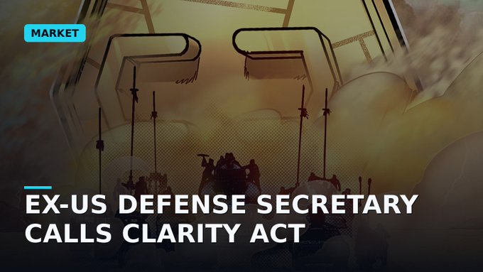 A market news graphic with the text "EX-US DEFENSE SECRETARY CALLS CLARITY ACT" featuring an illustration of figures with staffs in a sepia-toned scene.