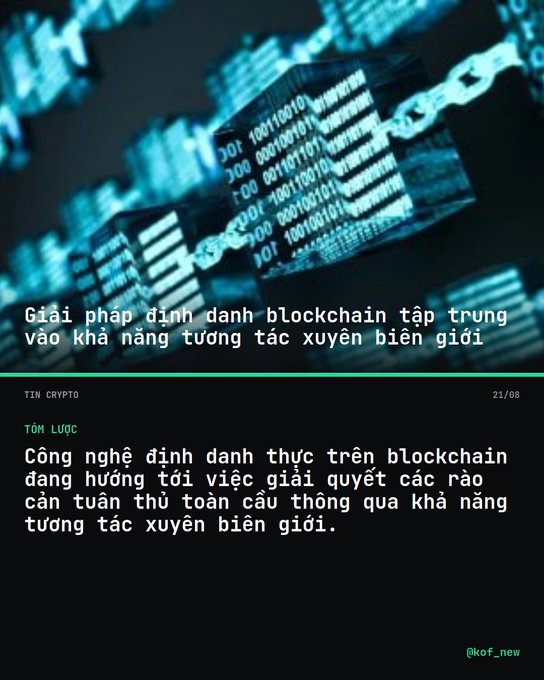 An infographic in Vietnamese about blockchain authentication, with the headline "Giải pháp định danh blockchain tập trung vào khả năng tương tác xuyên biên giới" and tagged "TIN CRYPTO 21/08 @kof_new", featuring a background of binary code blocks.