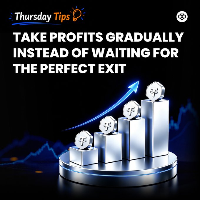 A 'Thursday Tips' graphic advises to 'TAKE PROFITS GRADUALLY INSTEAD OF WAITING FOR THE PERFECT EXIT' above an illustration of a rising silver bar chart.
