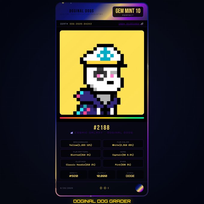 A digital collectible card displaying a pixel art dog character with text including 'DOGINAL DOGS', 'GEM MINT 10', and '#2188'.