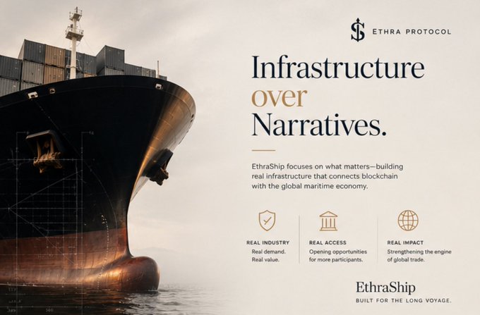 An "ETHRA PROTOCOL" advertisement promoting "Infrastructure over Narratives," highlighting EthraShip's focus on real demand, real access, and real impact in the maritime economy, with an image of a large cargo ship.