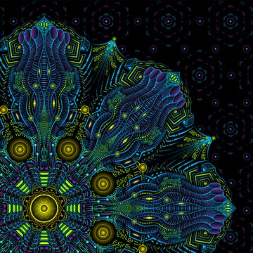 A vibrant, psychedelic fractal pattern featuring intricate symmetrical shapes in neon greens, blues, purples, and yellows against a black background.