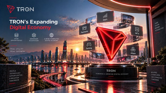 A promotional graphic for TRON blockchain displays a glowing red triangular logo and the text "TRON's Expanding Digital Economy" with categories like DeFi, Payments, NFTs, Gaming, and dApps.