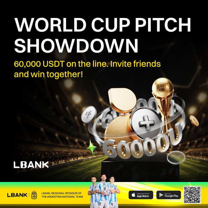 The image features a poster for an event called "World Cup Pitch Showdown" organized by the bank, which offers rewards of 60,000 USDT (United States Dollar) to teams that win the pitch competition. The poster includes three soccer players on the cover and a sports ball in the background. The text on the poster encourages participants to invite friends or form their own team and compete together for the prize pool.