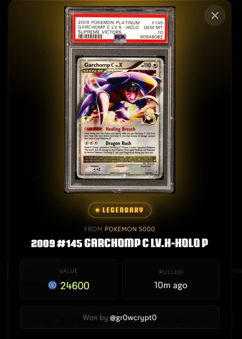 A screenshot of a digital marketplace showing a PSA 10 graded 2009 Pokemon Platinum 'Garchomp C LV.X - Holo Gem MT1' card, won by @gr0wcrypt0 with a value of 24,600.