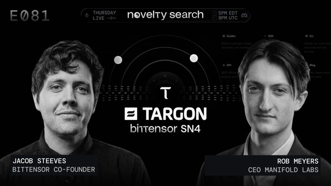 Promotional graphic for Episode 081 of "Novelty Search" featuring Jacob Steeves (Bittensor co-founder) and Rob Meyers (CEO Manifold Labs) discussing Targon (SN4) bittensor, airing Thursday live at 5PM EDT. The dark-themed image displays the Targon logo at the center with both speakers' portraits flanking the broadcast information, aligning with the post's announcement of an episode covering TargonCompute's confidential, decentralized compute cloud for AI infrastructure.