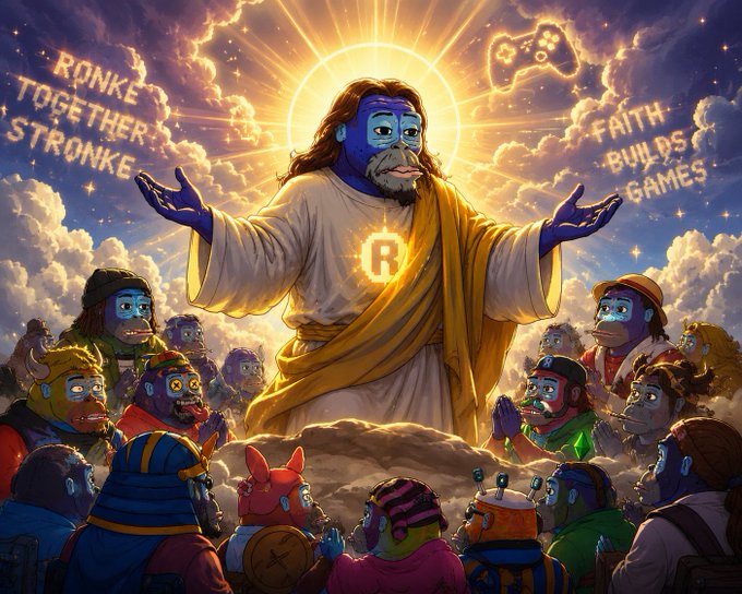 A digital illustration of a Jesus-like figure with a blue mask giving an 'R' to a crowd of masked cartoon characters, with text reading 'RONKE TOGETHER STRONKE' and 'FAITH BUILDS GAMES,' referencing Ronke Games.
