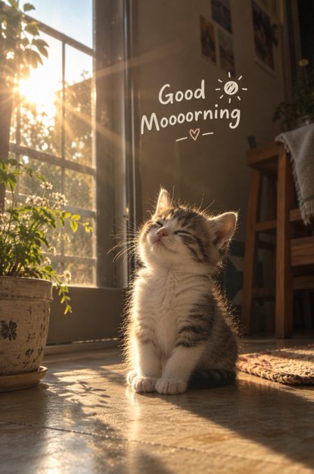 A small tabby kitten sitting on a floor in warm sunlight with 'Good Mooorning' text and a heart drawn on a window behind it.