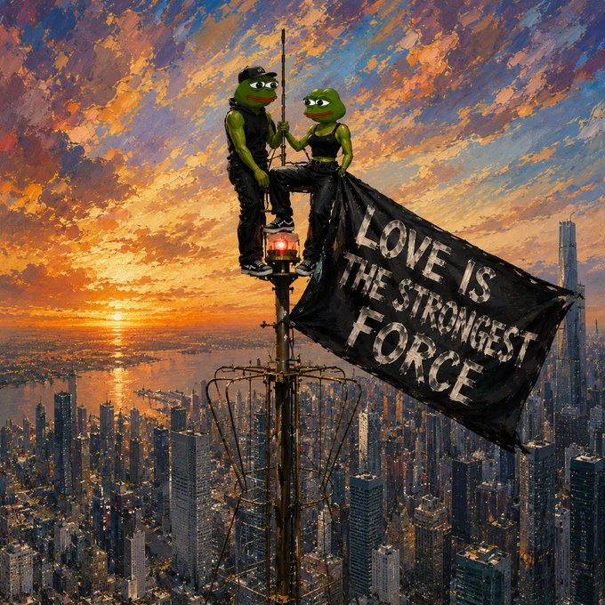 A Pepe the Frog themed digital artwork depicting two frogs on top of a tall structure holding a black flag that reads 'LOVE IS THE STRONGEST FORCE' against a sunset cityscape.