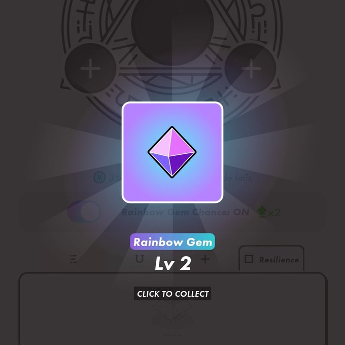A mobile game screen displaying a 'Rainbow Gem Lv 2' reward with a 'CLICK TO COLLECT' button.