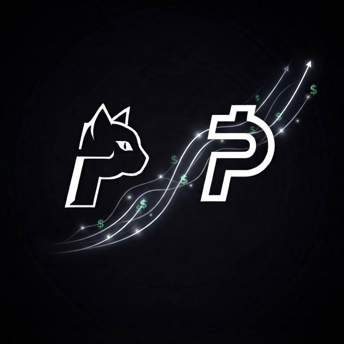 A logo design on a dark background showing a white cat profile and a 'P' symbol with dollar signs flowing upward like a rising graph.