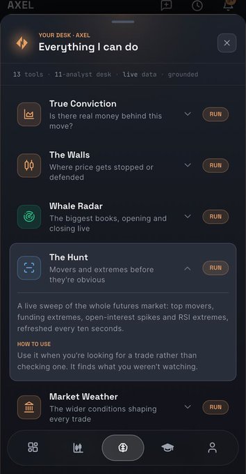 A screenshot of the AXEL app showing 'Everything I can do' menu with AI analyst tools including True Conviction, The Walls, Whale Radar, The Hunt, and Market Weather.