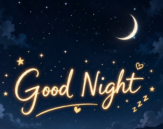 A dark blue night sky filled with stars, a crescent moon, and glowing golden cursive text reading 'Good Night' adorned with small hearts and 'z's.