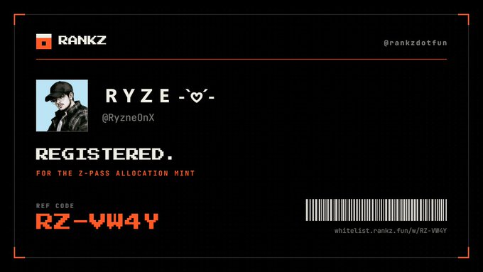A digital pass from RANKZ (@rankzdotfun) displays a profile picture and the username 'RYZE -♡-' (@RyzeOnX), noting 'REGISTERED FOR THE Z-PASS ALLOCATION MINT' with reference code 'RZ-VW4Y' and a whitelist URL.