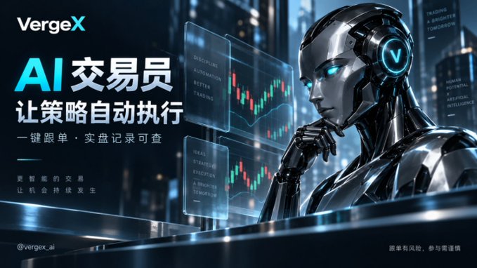 A promotional graphic for 'VergeX AI Trader' featuring a futuristic robot alongside Chinese text and candlestick trading charts, with the handle '@vergex_ai'.
