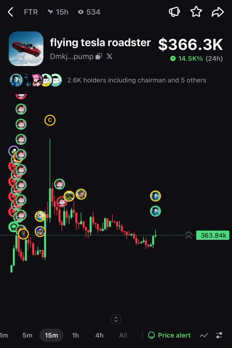 A cryptocurrency trading chart shows a token named 'flying tesla roadster' (Dmkj...pump) priced at '$366.3K', up '14.55%' in 24 hours, with 2.6K holders and a red-and-green candlestick pattern on a 15m timeframe.